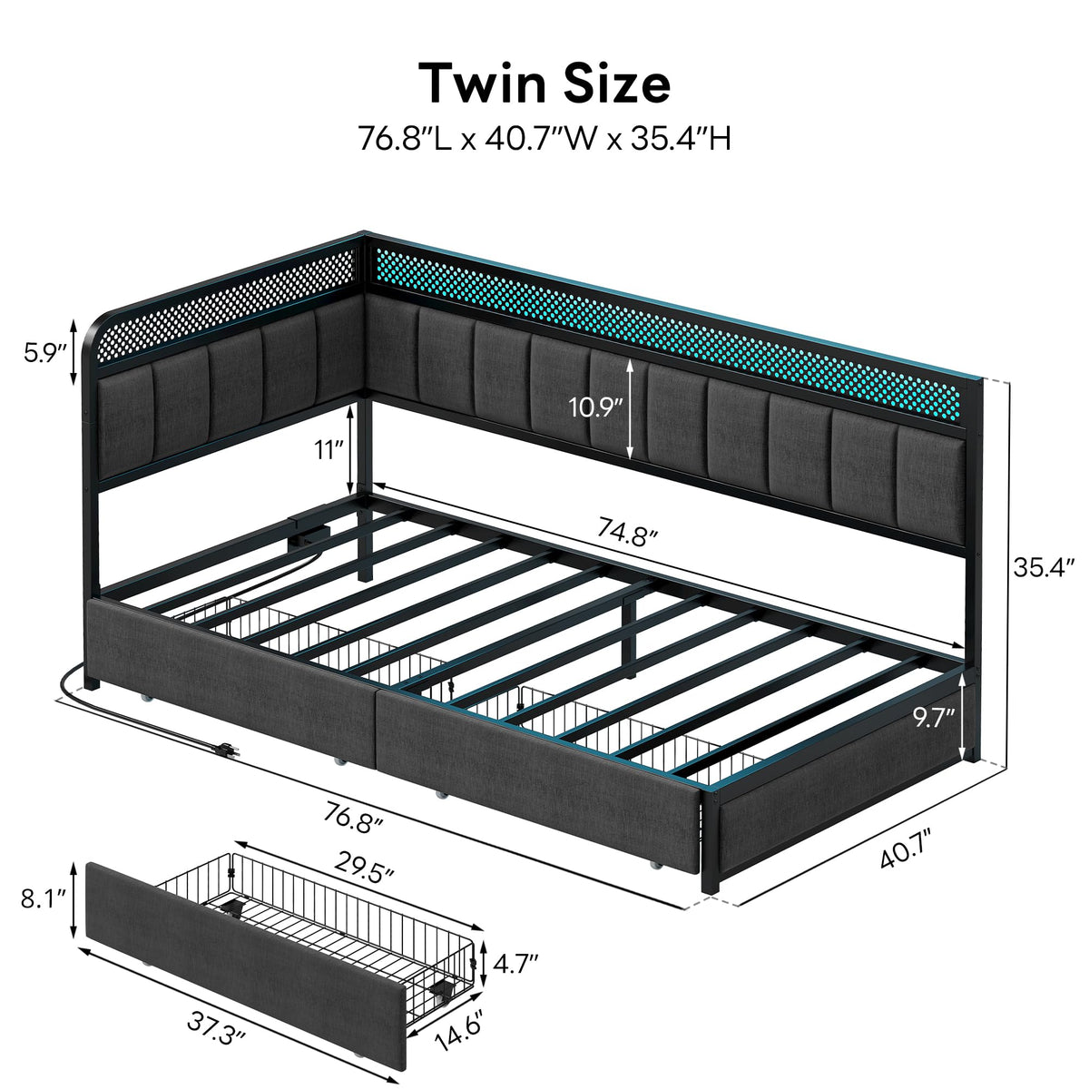 Twin Corner Bed Frame with Upholstered Guardrail U882
