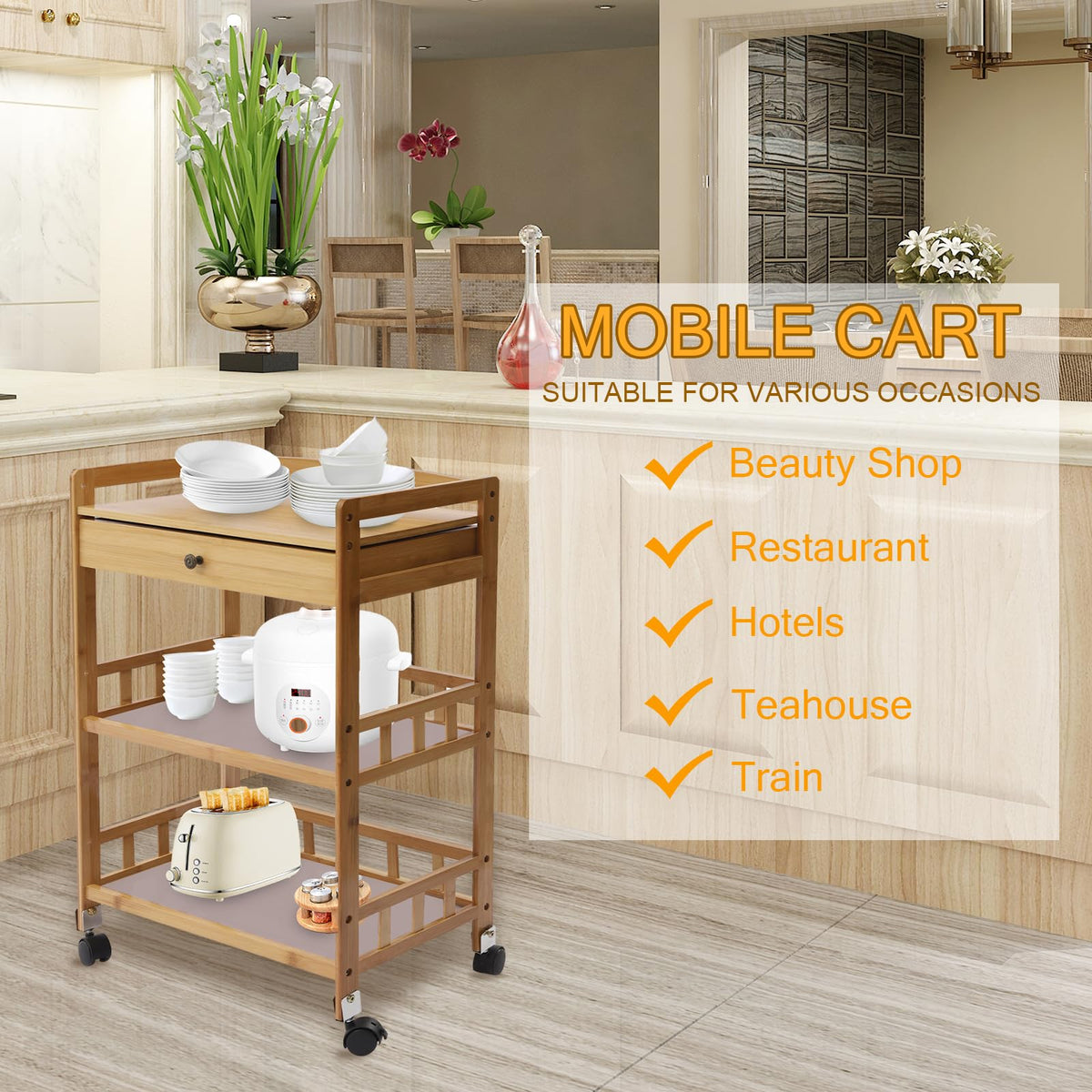 3-Tier Bamboo Kitchen Cart with Drawer E63178