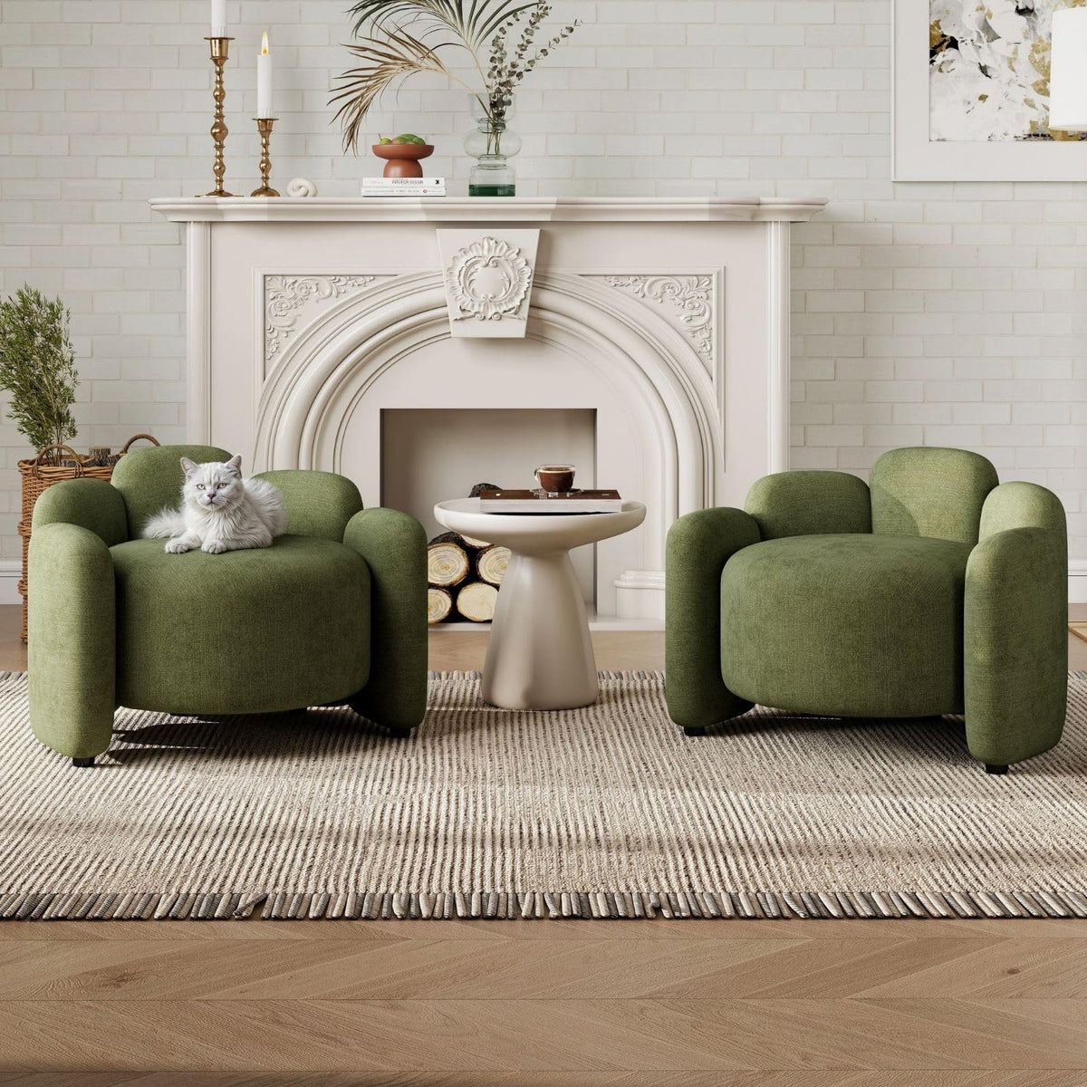 Green Set of 2 Upholstered Barrel Accent Chairs with Solid Wood Base V6266