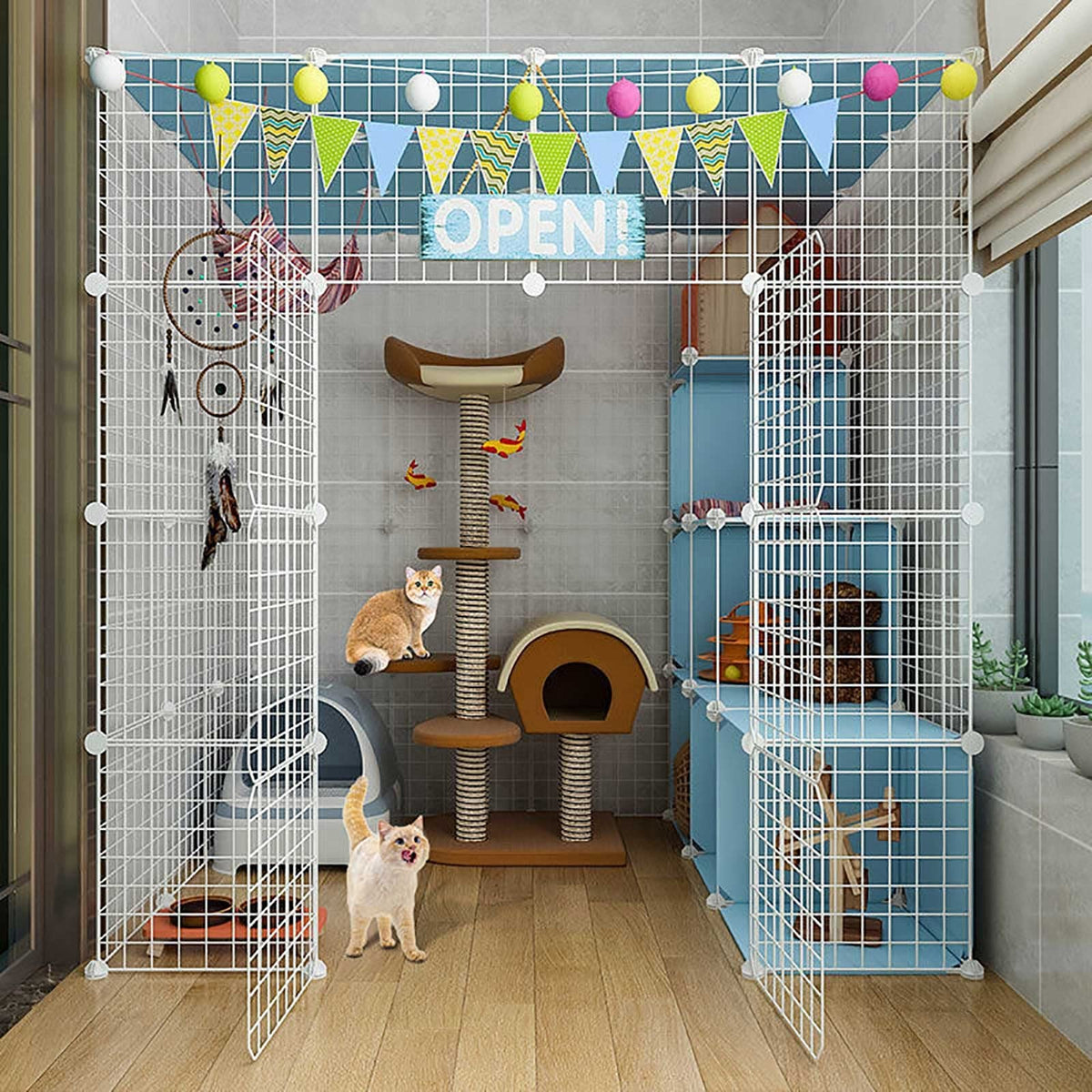 Large Cat Cage Indoor Cat Playpen Detachable Metal Cat Kennels with Ramp Ladders Hammock and Bed Black S430721