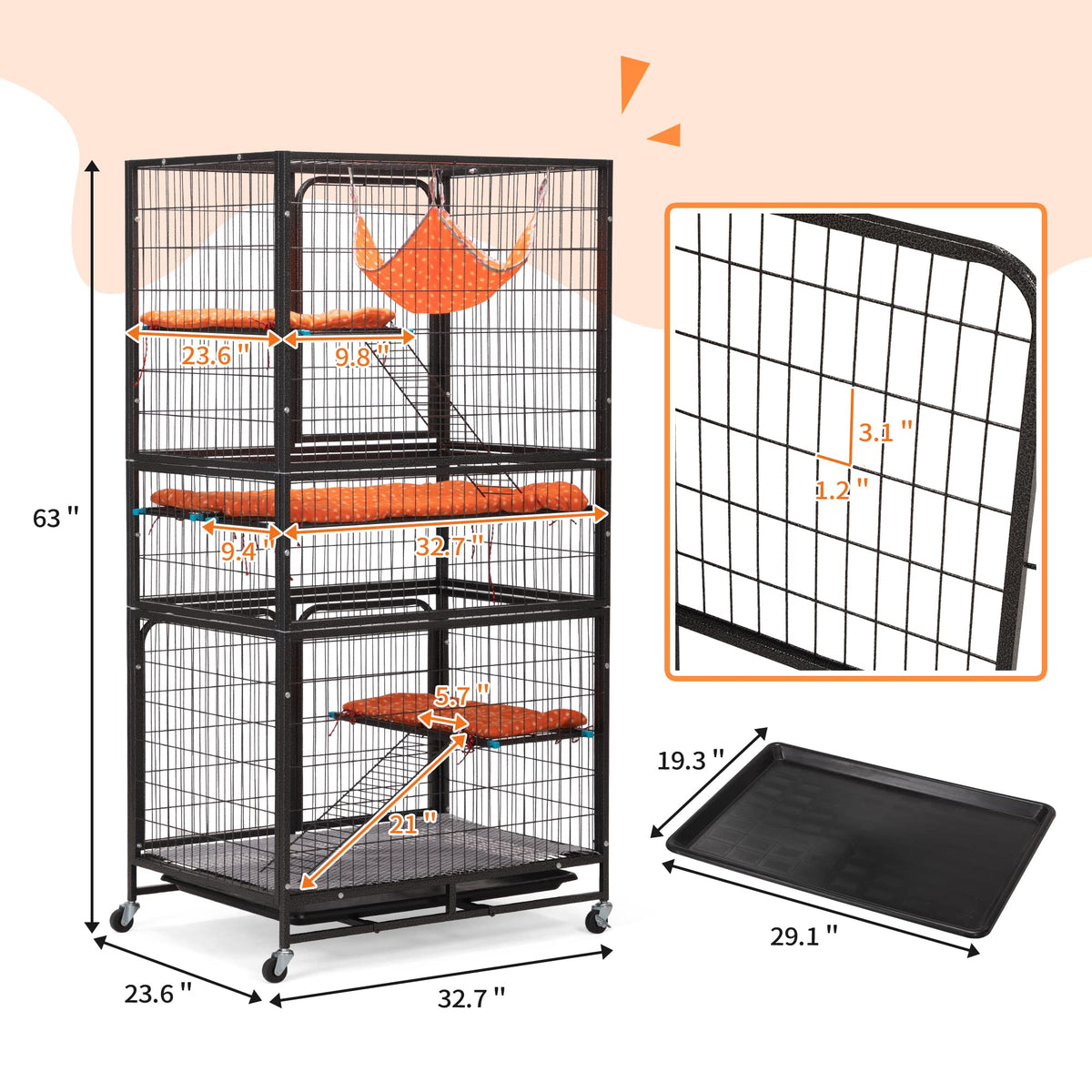 4-Tier Cat Cage with Hammock and Wheels, Black P21845