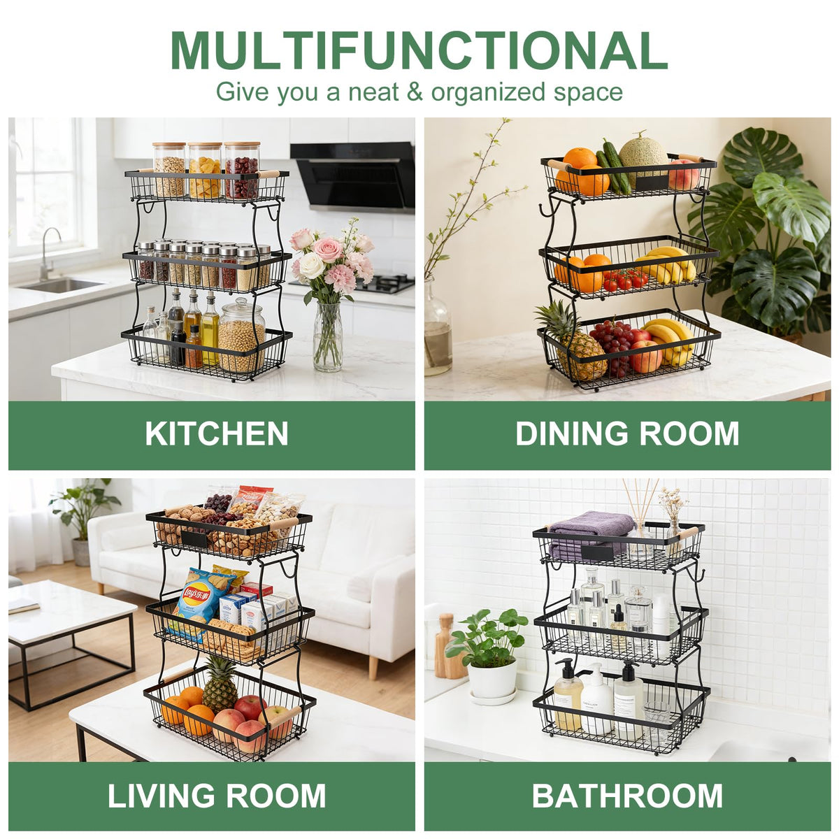 3 Tier Black Mesh Fruit Basket with 2 Banana Hangers A3623