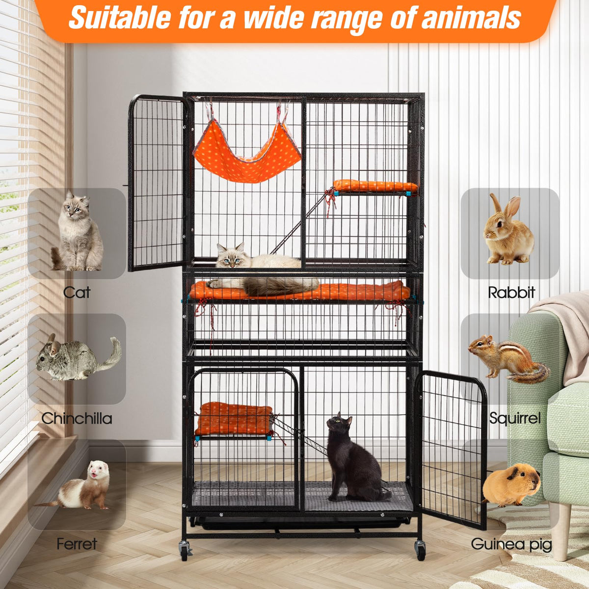4-Tier Cat Cage with Hammock and Wheels, Black P21845