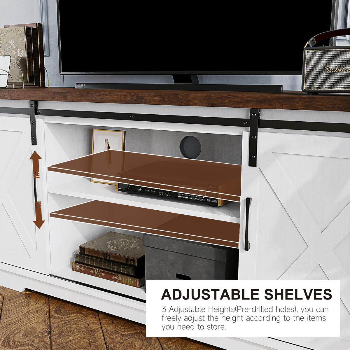 Farmhouse TV Stand with Sliding Barn Doors, White & Brown O586389
