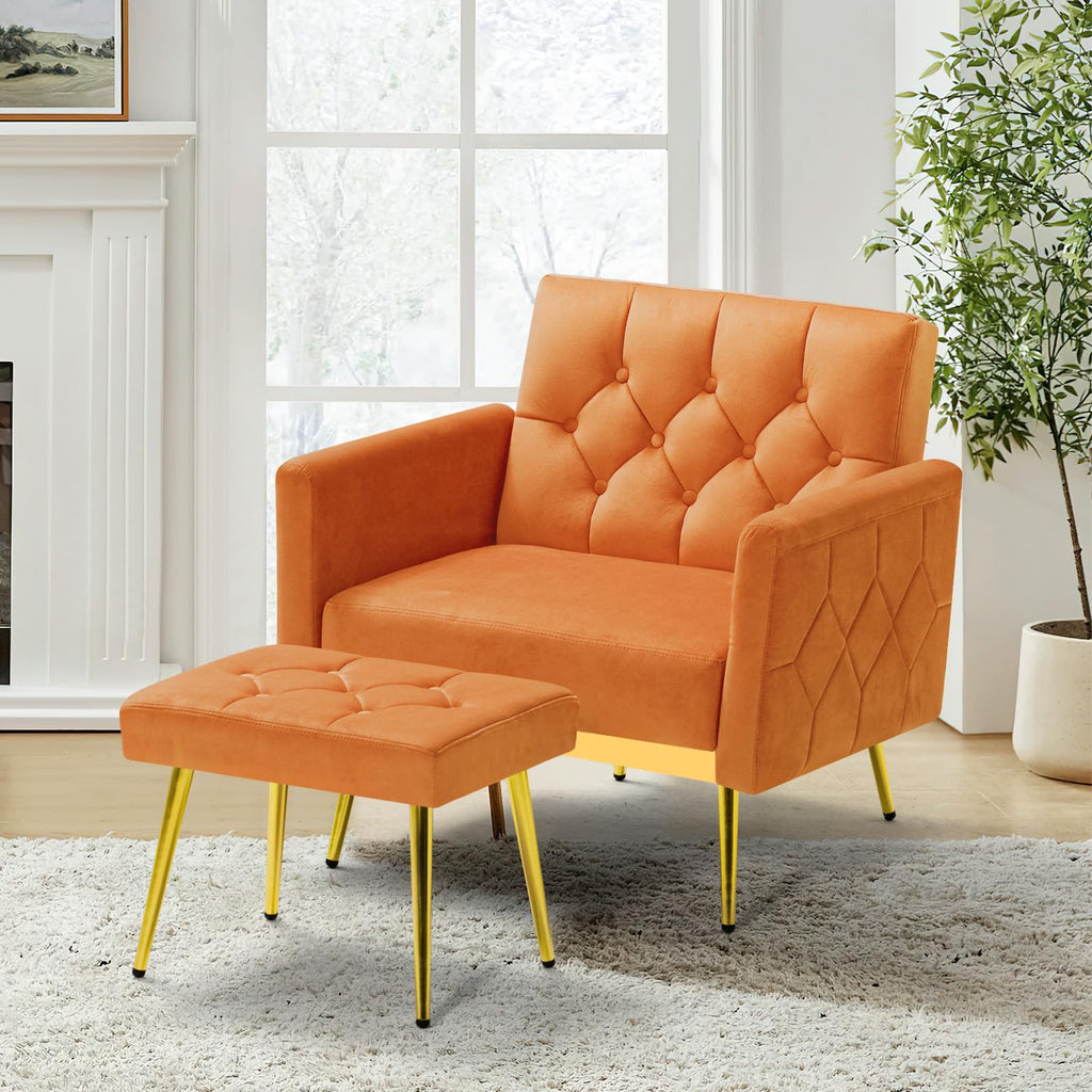 Orange Velvet Accent Chair with Ottoman O5900