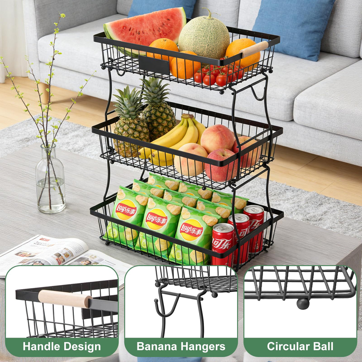 3 Tier Black Mesh Fruit Basket with 2 Banana Hangers A3623