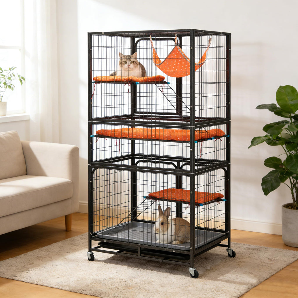 4-Tier Cat Cage with Hammock and Wheels, Black P21845