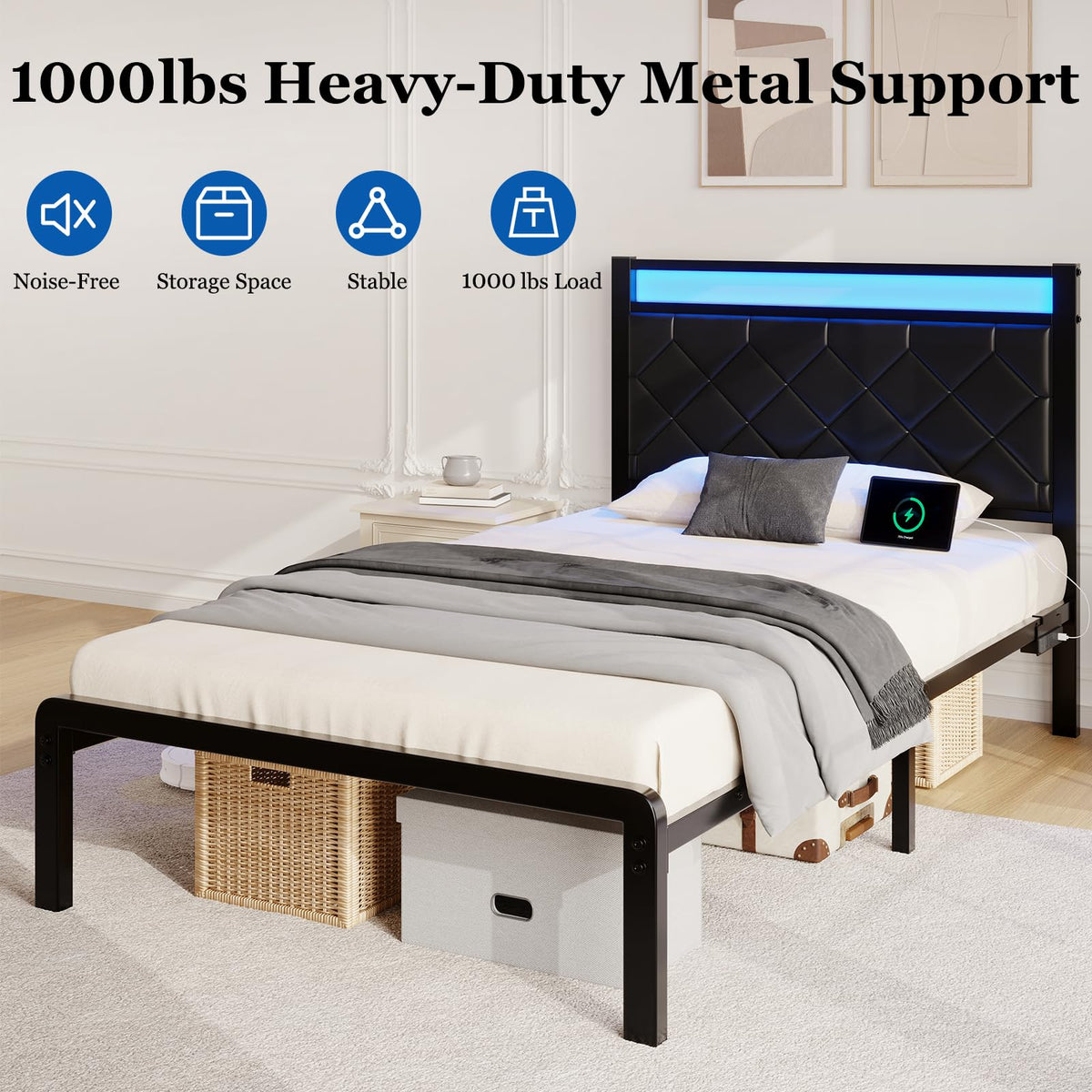 Twin Platform Bed Frame with Charging Station J50665