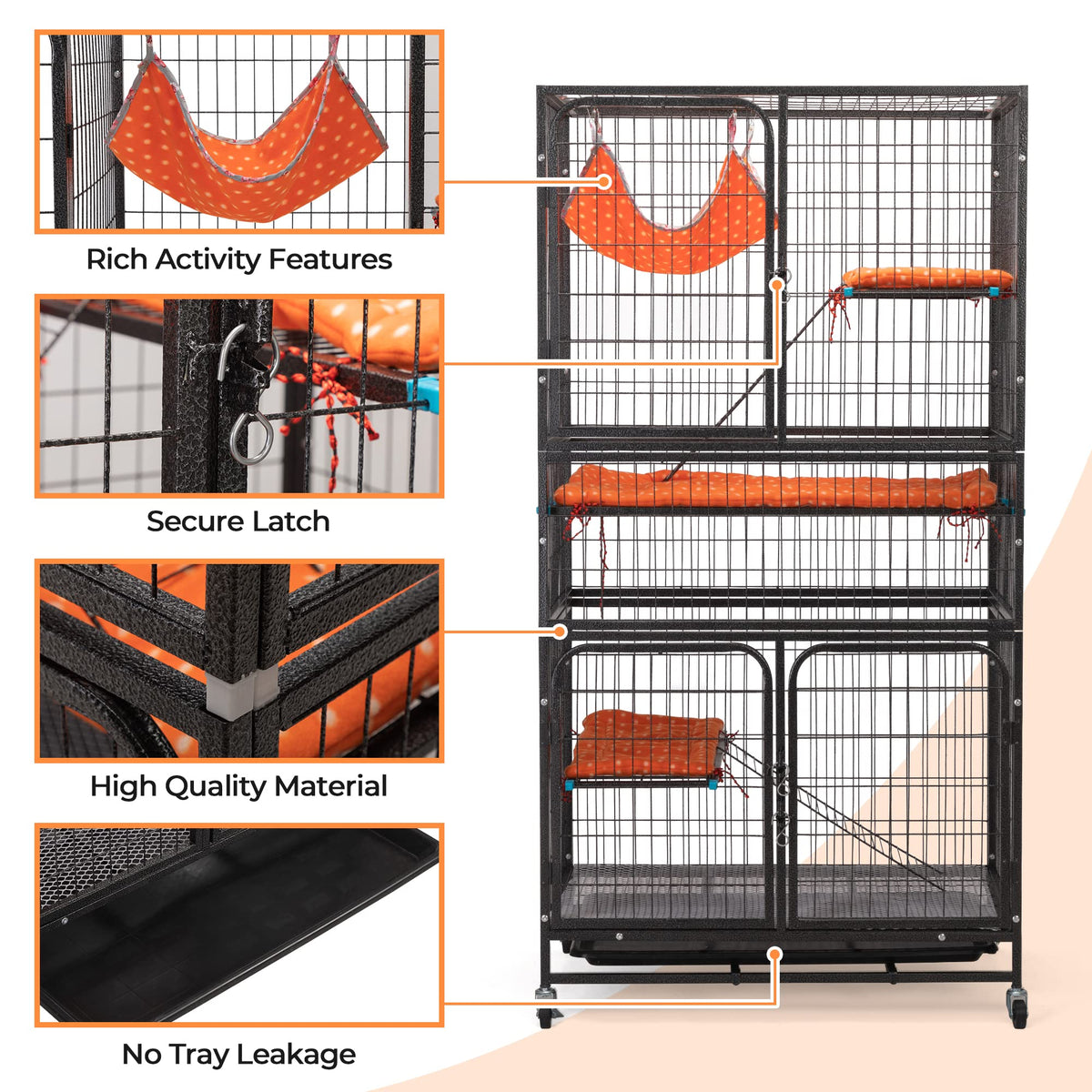 4-Tier Cat Cage with Hammock and Wheels, Black P21845