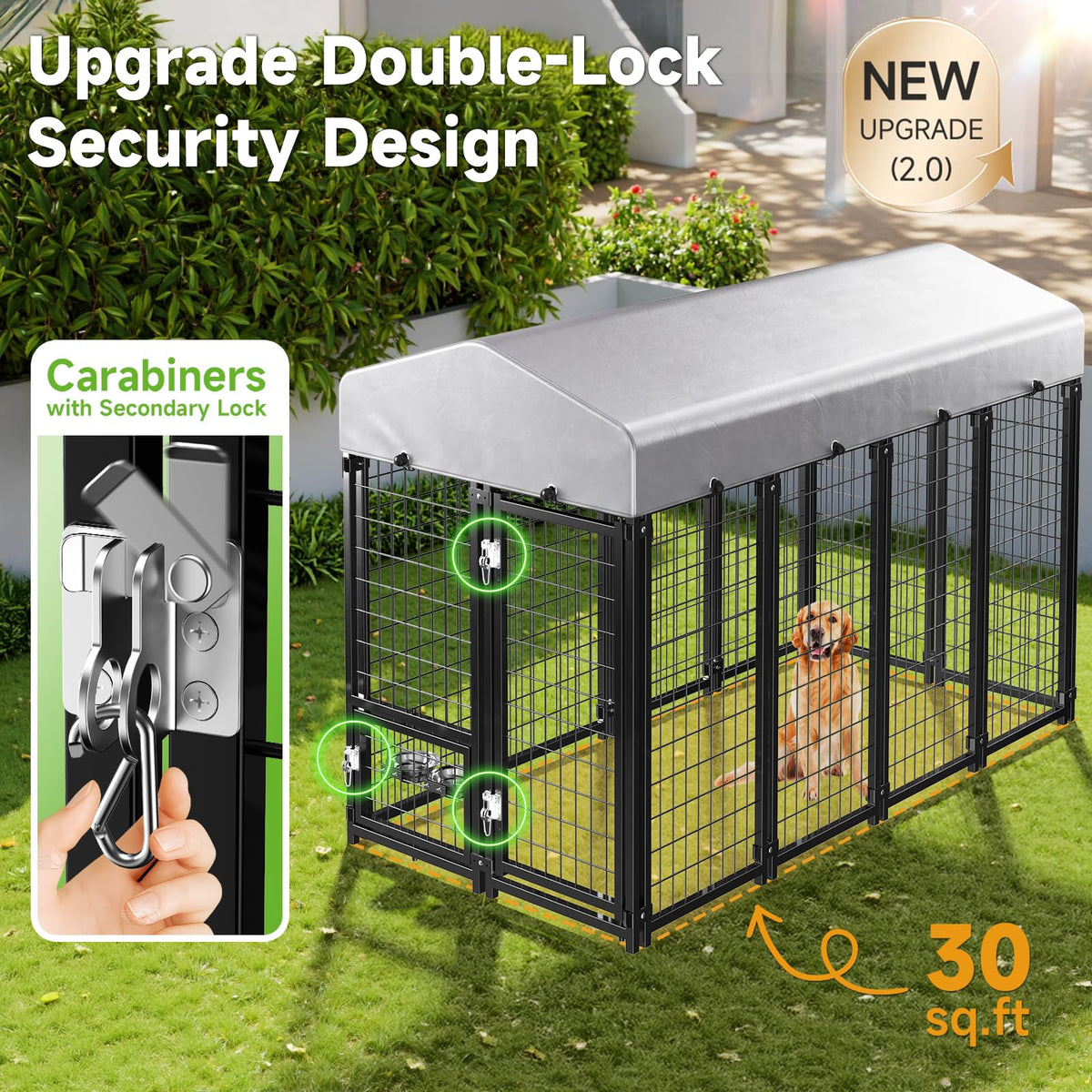 Weatherproof Outdoor Dog Kennel with Roof & Feeders D709