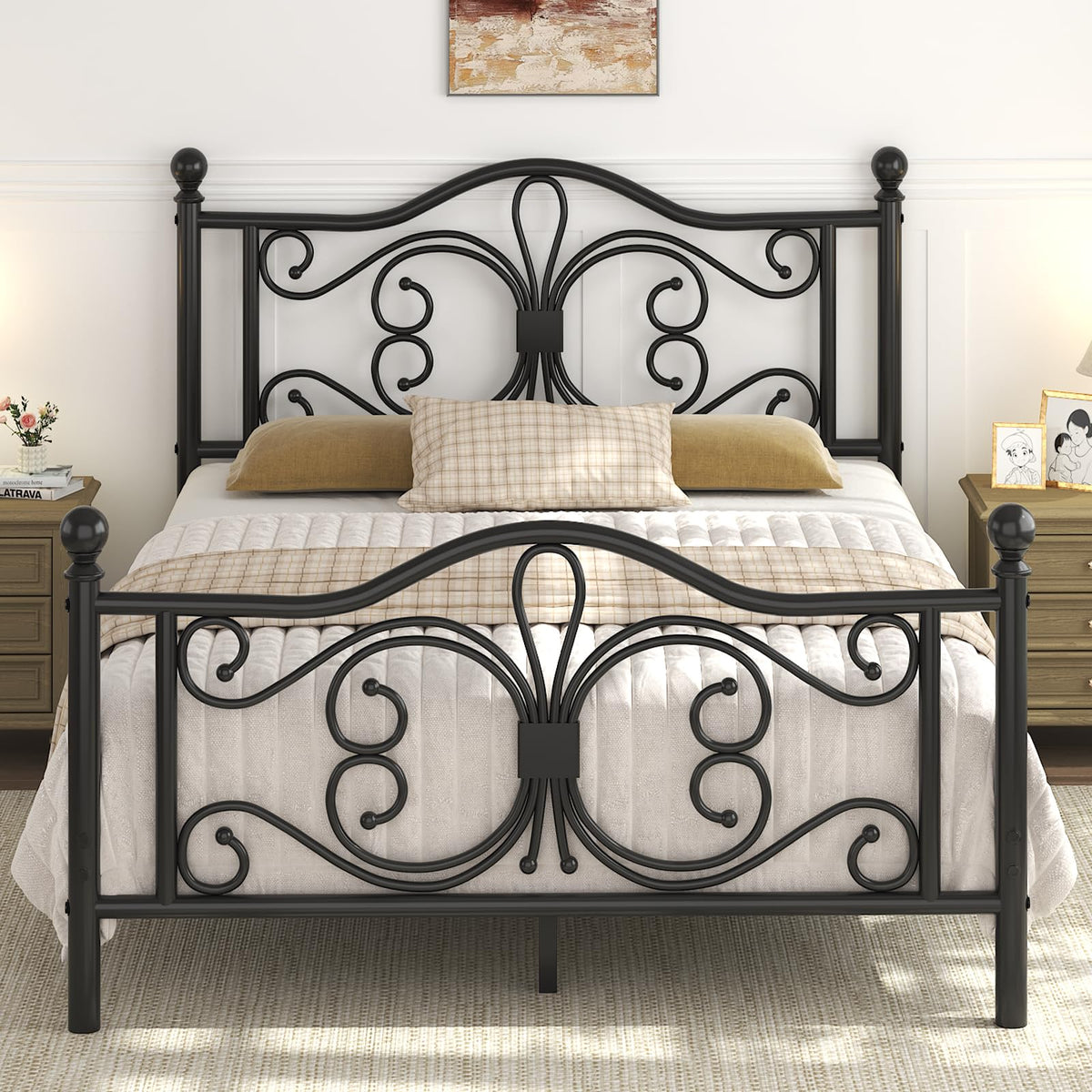 Full Size Bed Frame with Butterfly Pattern Headboard, Black Z6206
