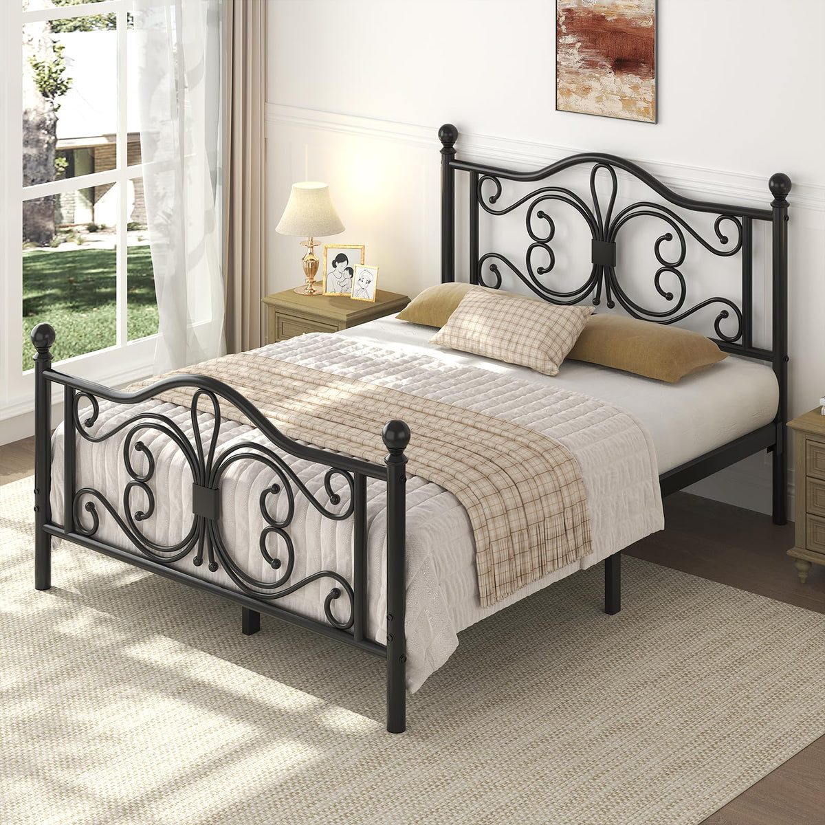 Full Size Bed Frame with Butterfly Pattern Headboard, Black Z6206