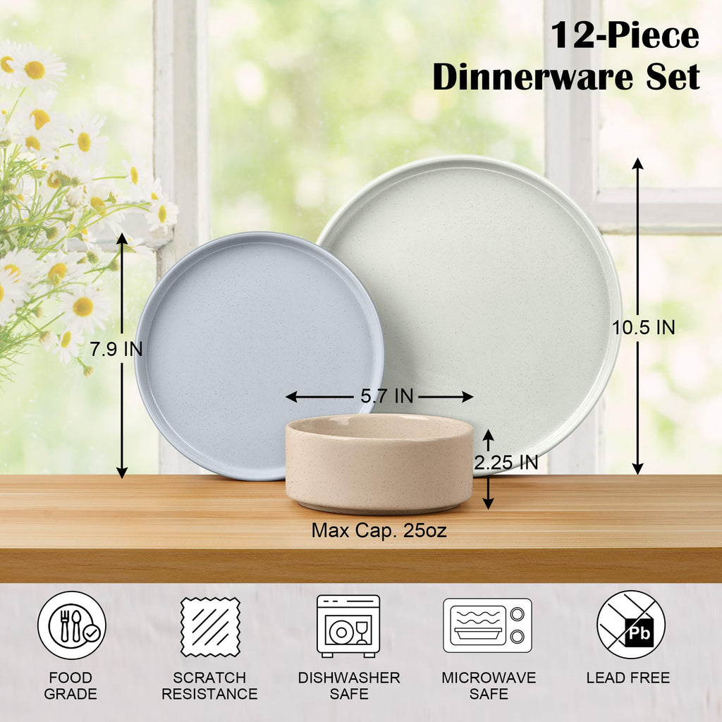 Stoneware Dinnerware Set with Pasta Bowls, 12 Pc Plates and Bowls, 35 oz Ceramic Bowl, Microwave Safe, Speckled Multicolor Z6125