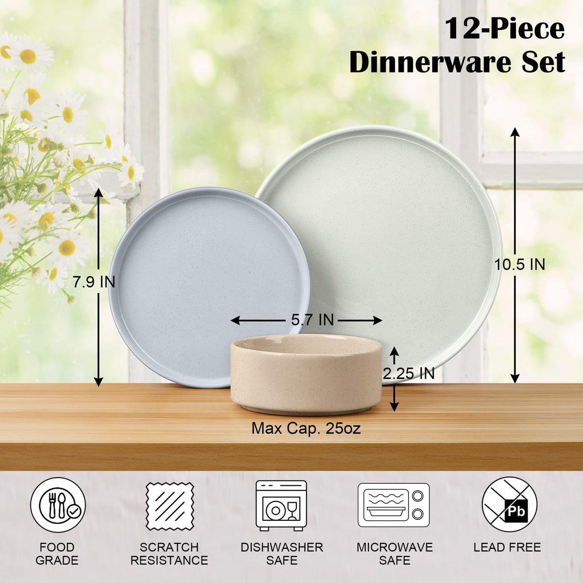 Stoneware Dinnerware Set with Pasta Bowls, 12 Pc Plates and Bowls, 35 oz Ceramic Bowl, Microwave Safe, Speckled Multicolor Z6125
