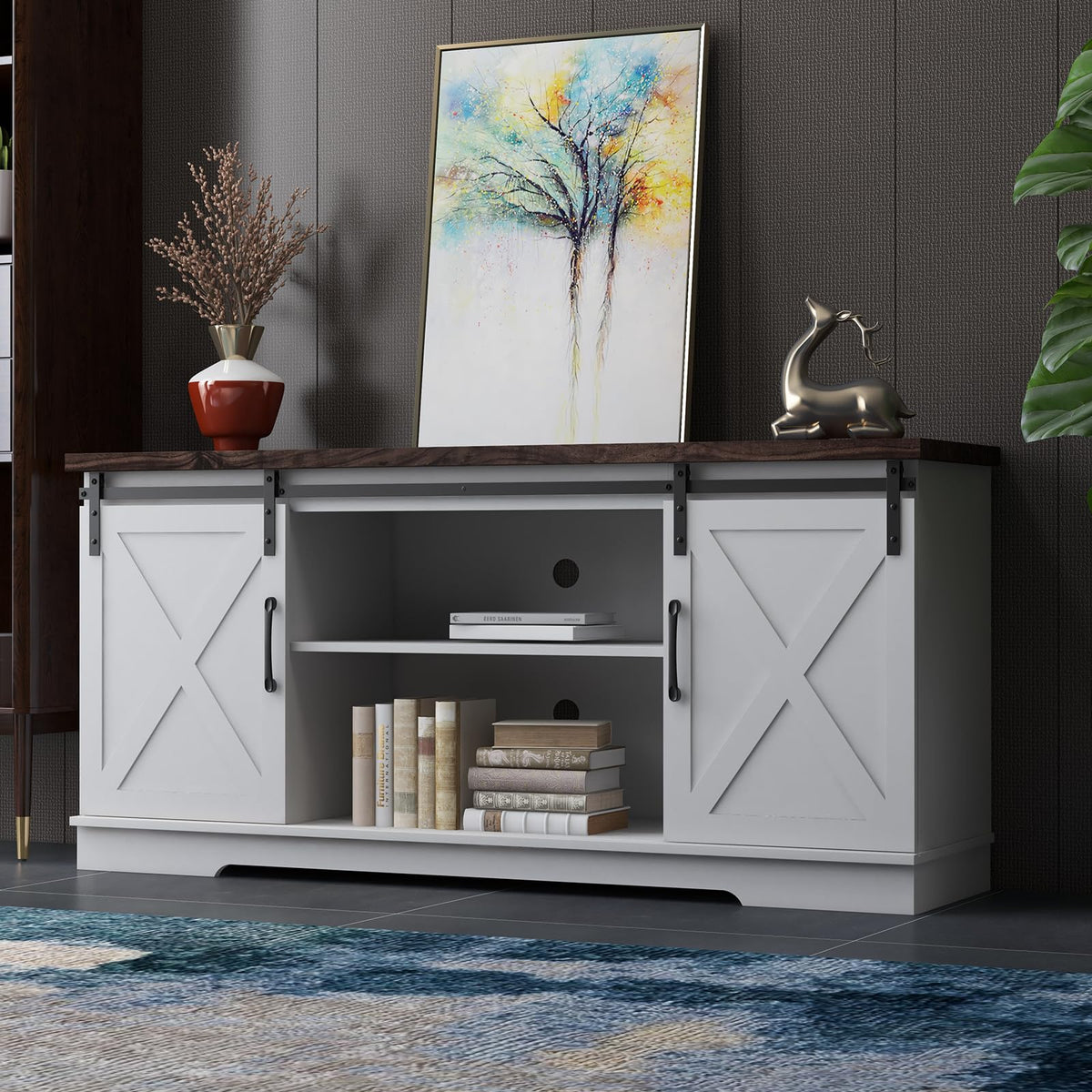 Farmhouse TV Stand with Sliding Barn Doors, White & Brown O586389