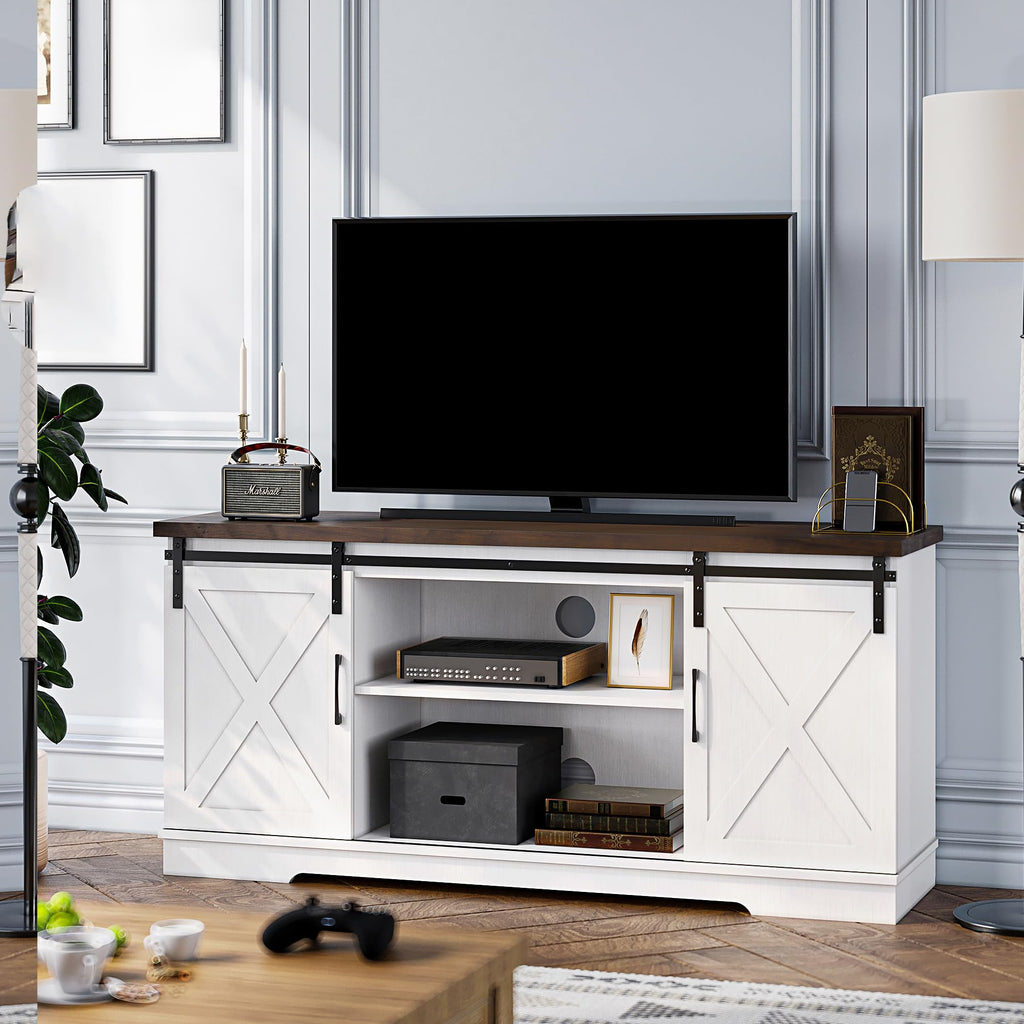 Farmhouse TV Stand with Sliding Barn Doors, White & Brown O586389