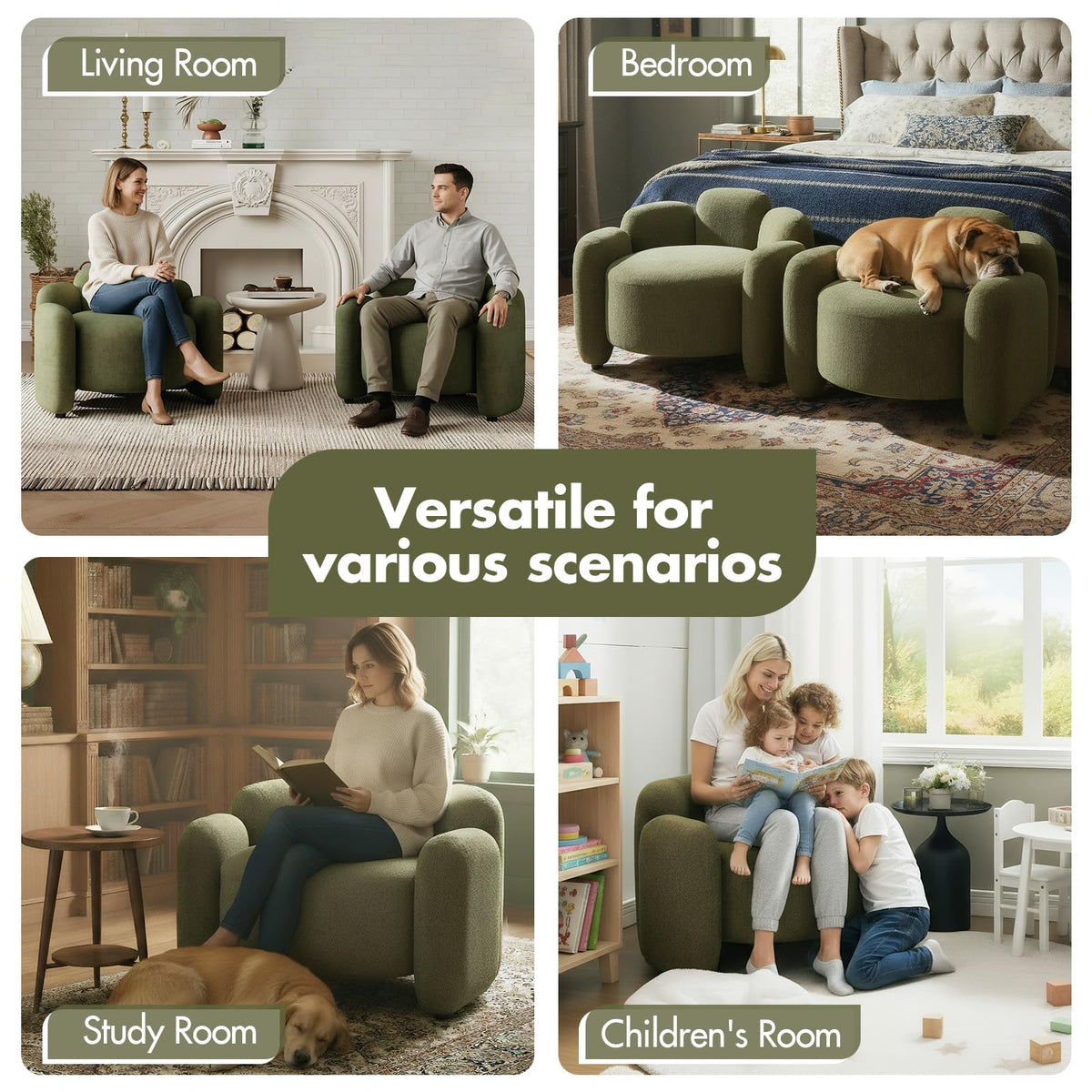 Green Set of 2 Upholstered Barrel Accent Chairs with Solid Wood Base V6266