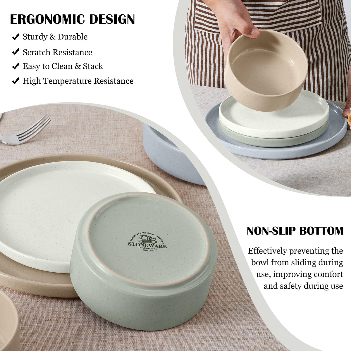 Stoneware Dinnerware Set with Pasta Bowls, 12 Pc Plates and Bowls, 35 oz Ceramic Bowl, Microwave Safe, Speckled Multicolor Z6125