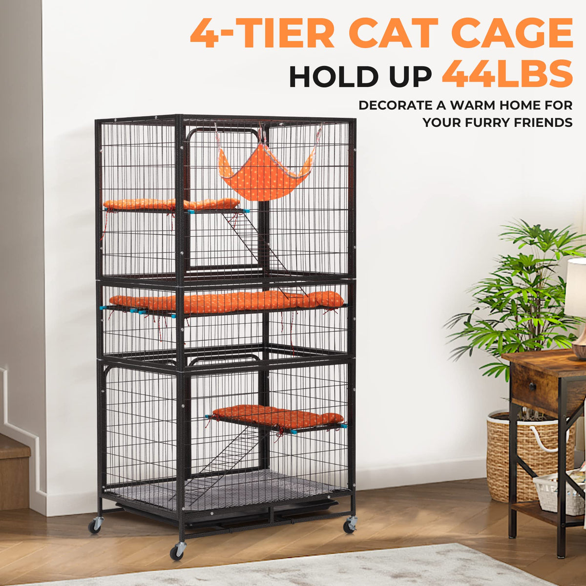 4-Tier Cat Cage with Hammock and Wheels, Black P21845
