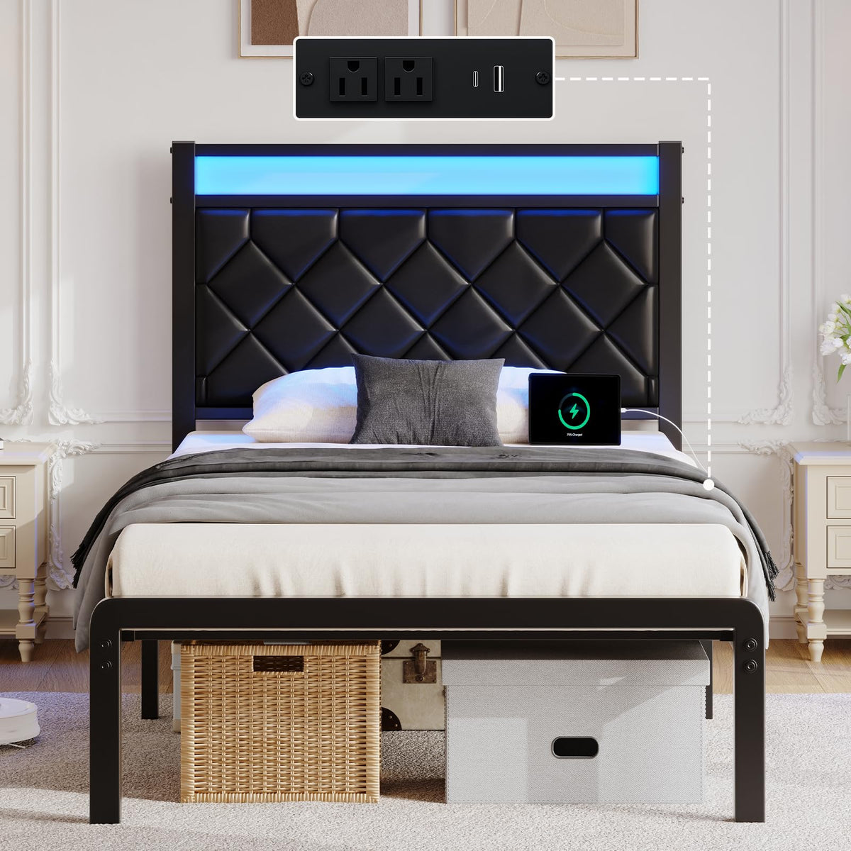 Twin Platform Bed Frame with Charging Station J50665