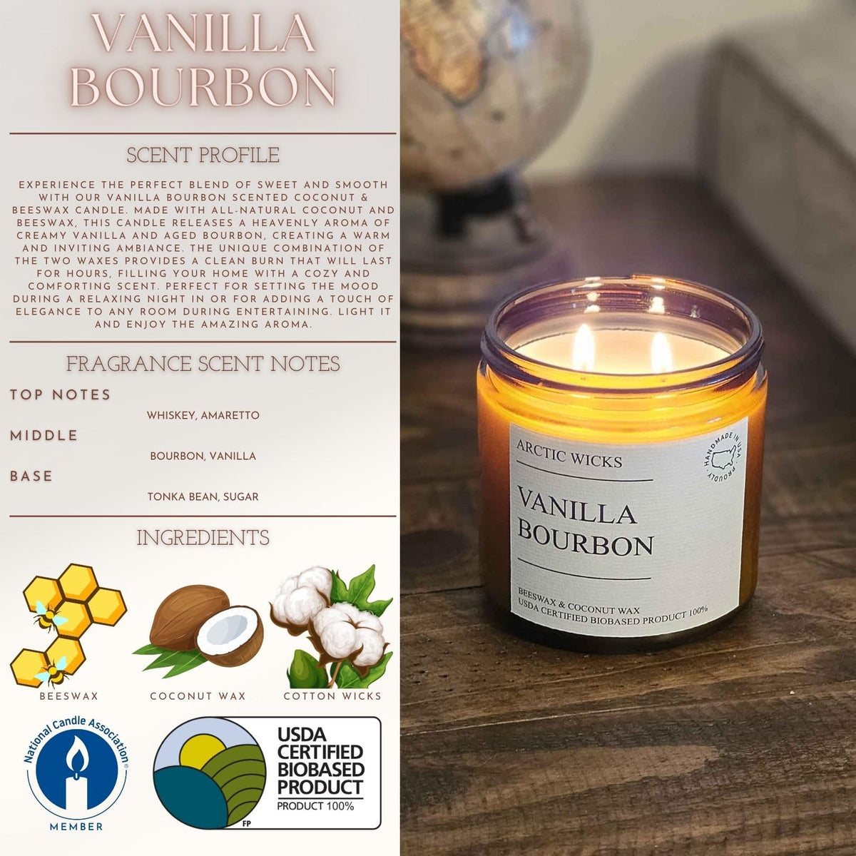 Vanilla Bourbon 16oz Double Wick Coconut Beeswax Candle D138