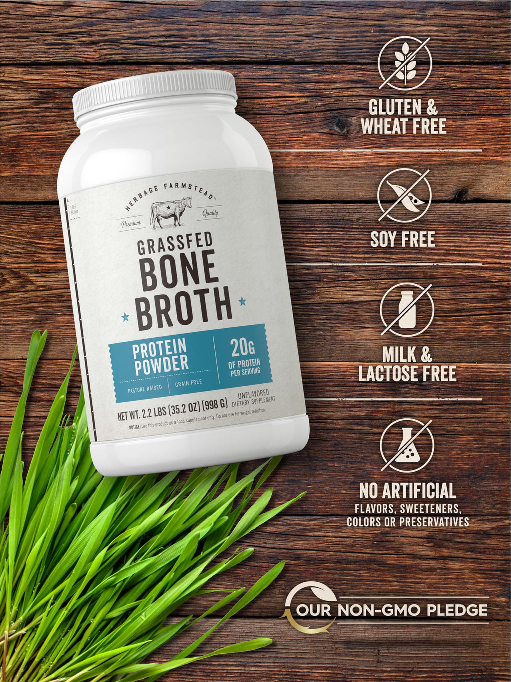 Grass Fed Bone Broth Protein Powder 35.2 oz 20g Protein Non-GMO Gluten Free U83775