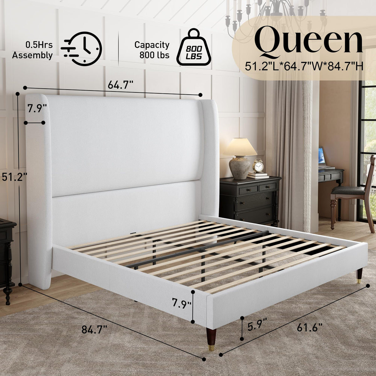 Queen Bed Frame Upholstered Bed White H669789