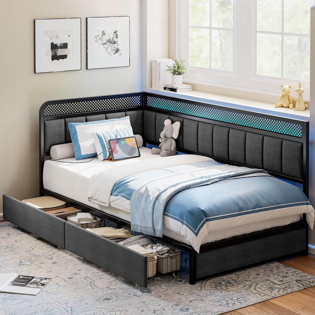 Twin Corner Bed Frame with Upholstered Guardrail U882