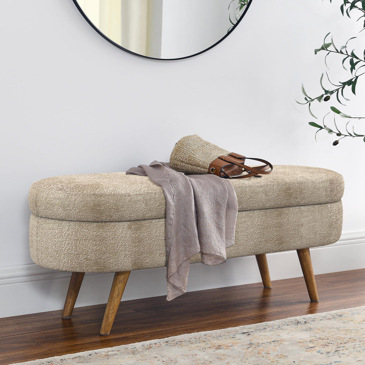 43.5" Oval Upholstered Storage Bench with Rubber Wood Legs M405536