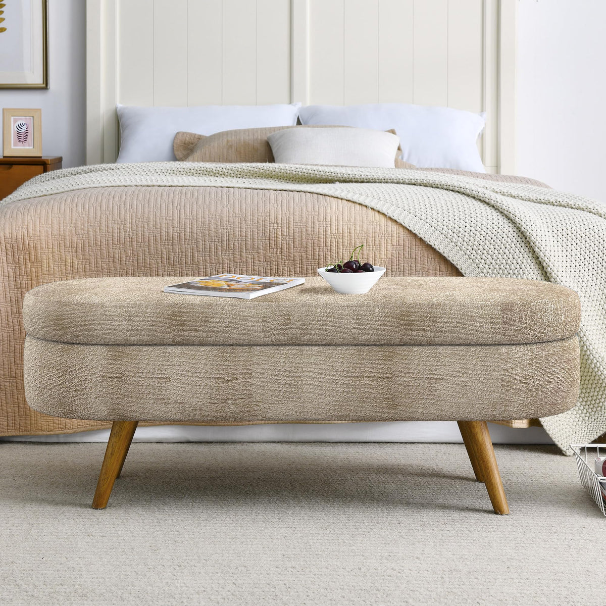 43.5" Oval Upholstered Storage Bench with Rubber Wood Legs M405536