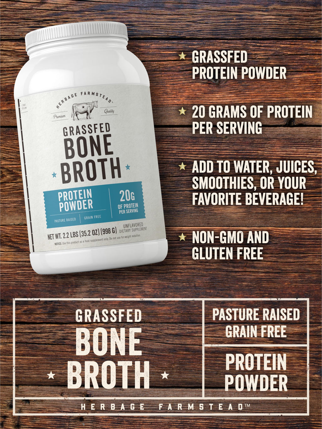 Grass Fed Bone Broth Protein Powder 35.2 oz 20g Protein Non-GMO Gluten Free U83775