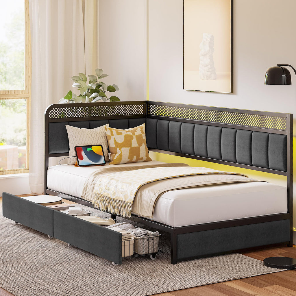 Twin Corner Bed Frame with Upholstered Guardrail U882