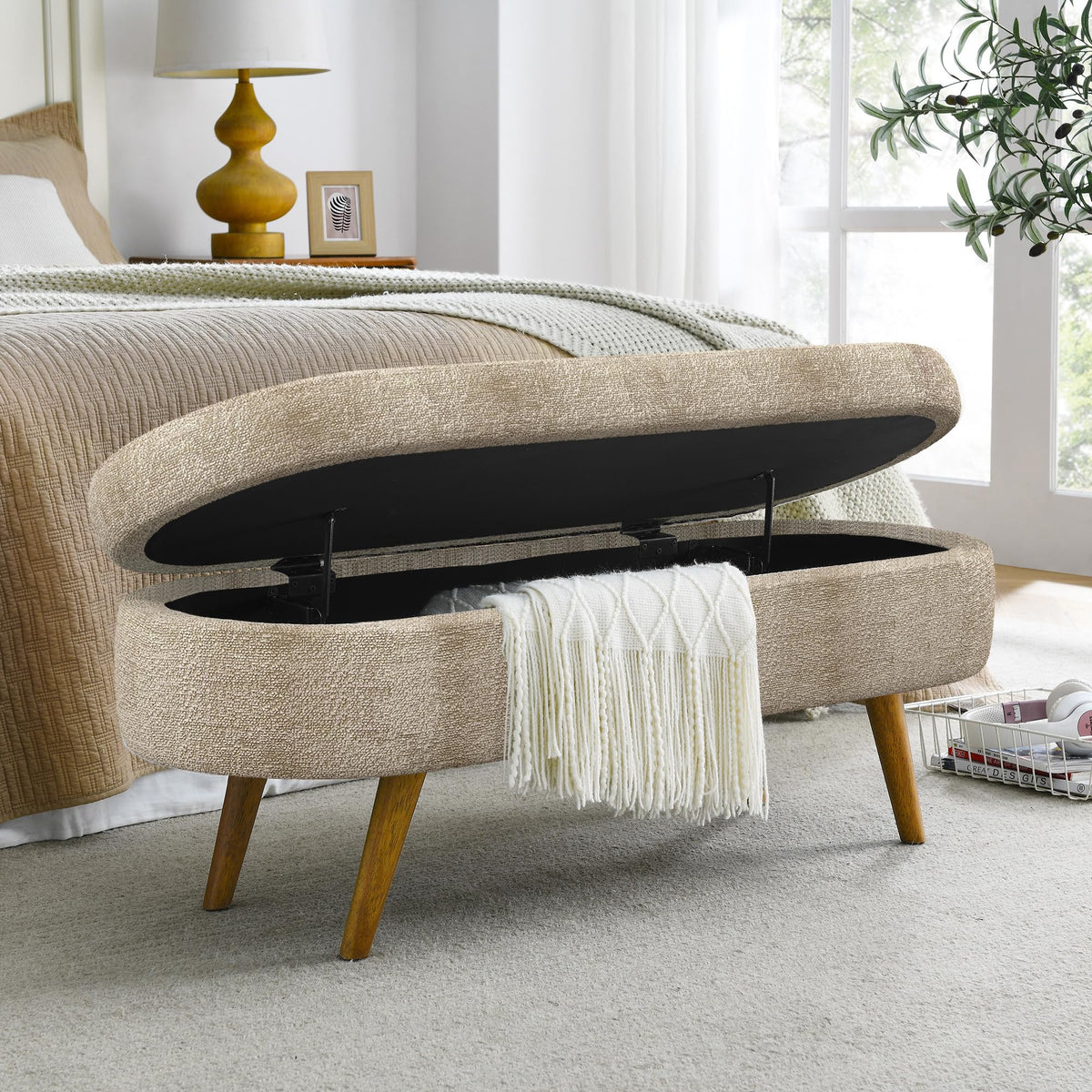 43.5" Oval Upholstered Storage Bench with Rubber Wood Legs M405536