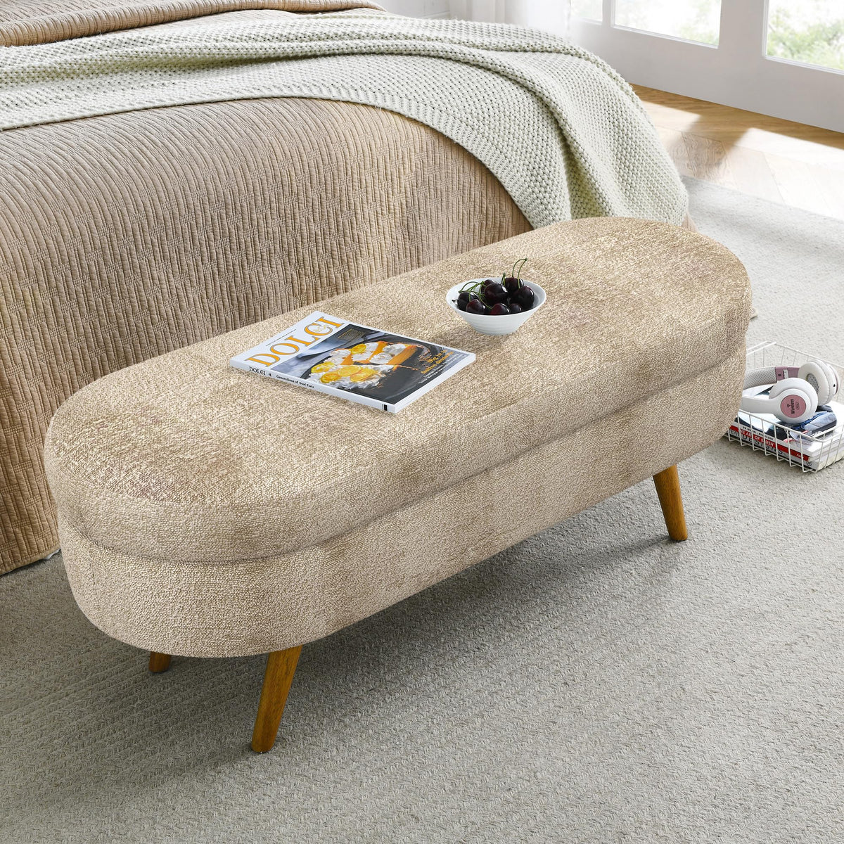 43.5" Oval Upholstered Storage Bench with Rubber Wood Legs M405536